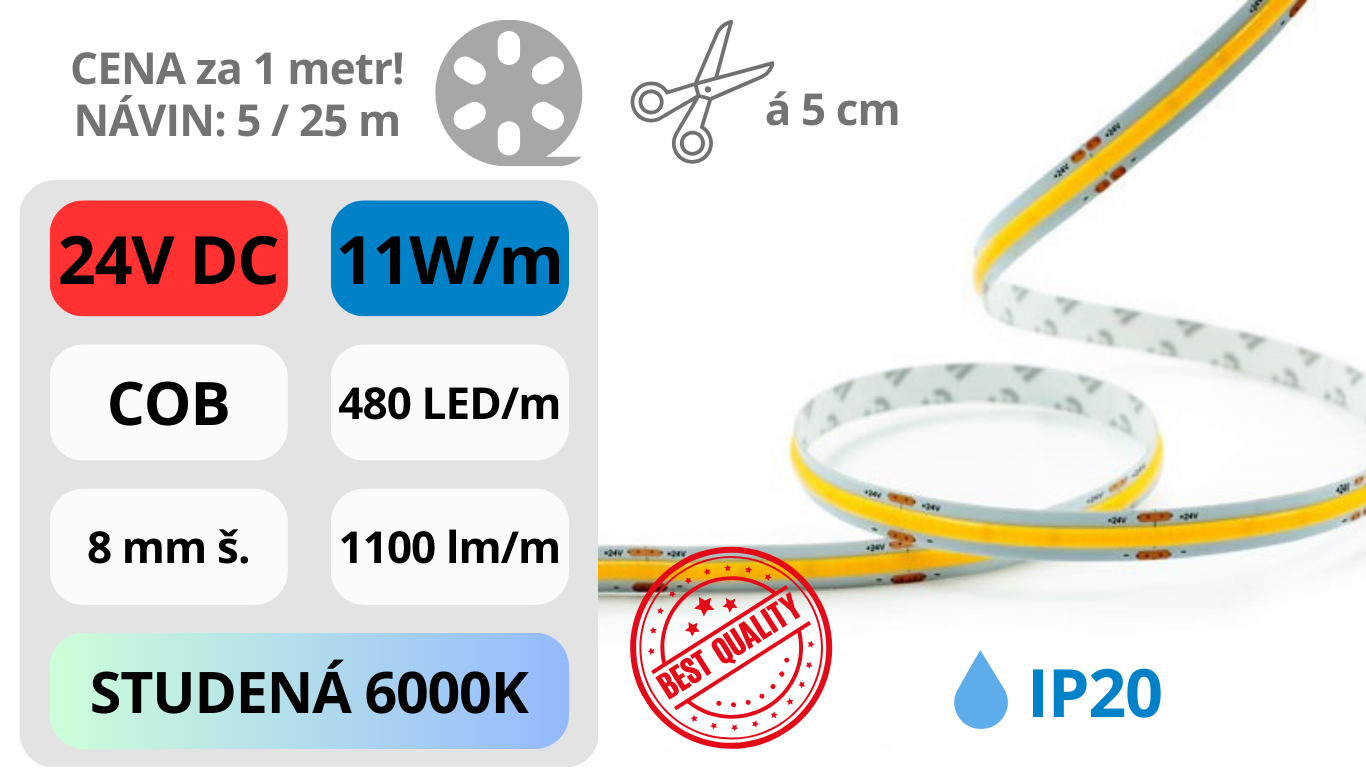 LED pásek COB 24V / 480LED / 11W / 6000K / IP20 / 8mm